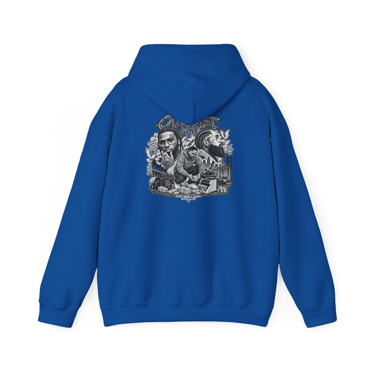 Outcast Supply Graphic Hoodie — Black Streetwear Pullover with Ink-Style Back Illustration