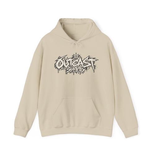Outcast Supply Graphic Hoodie — Black Streetwear Pullover with Ink-Style Back Illustration