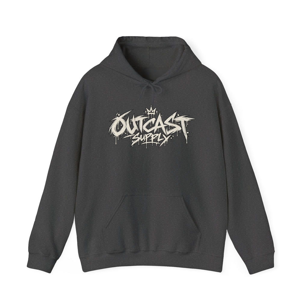 Outcast Supply Graphic Hoodie — Black Streetwear Pullover with Ink-Style Back Illustration