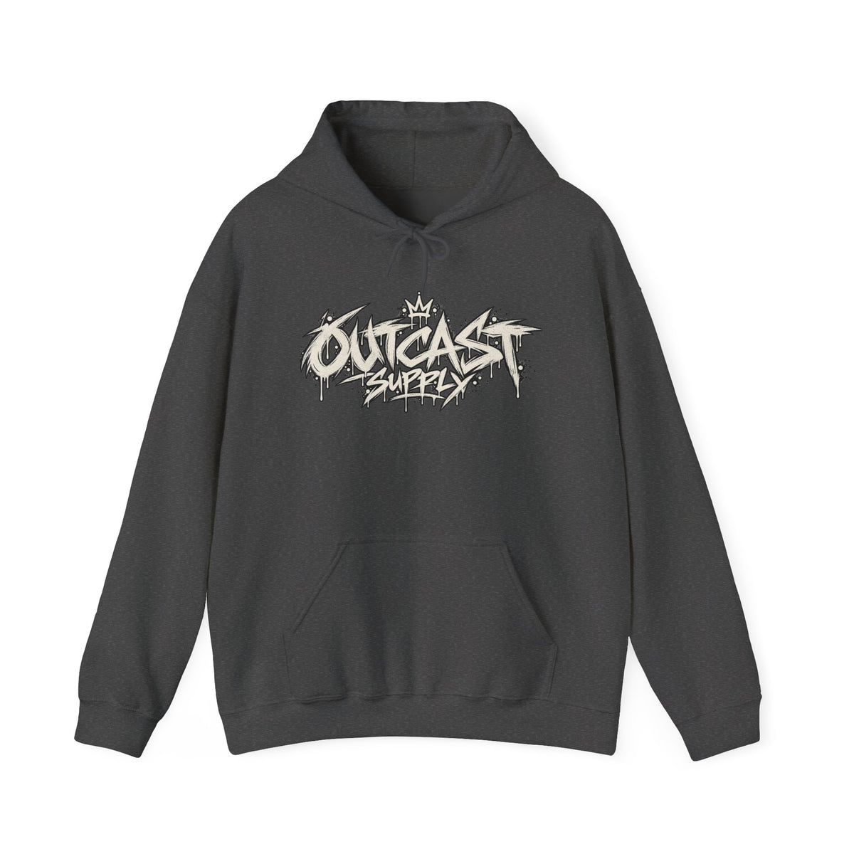Outcast Supply Graphic Hoodie — Black Streetwear Pullover with Ink-Style Back Illustration