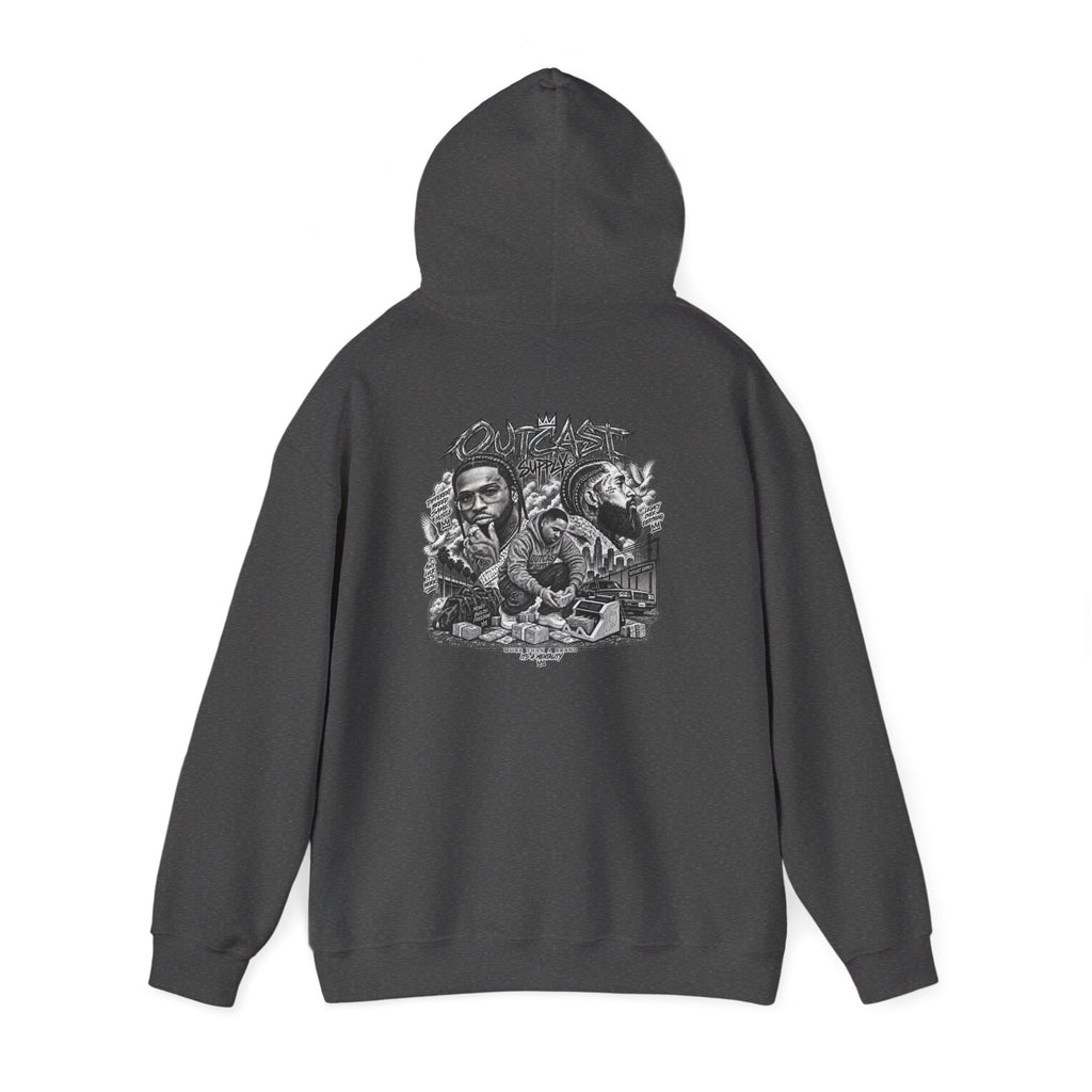 Outcast Supply Graphic Hoodie — Black Streetwear Pullover with Ink-Style Back Illustration
