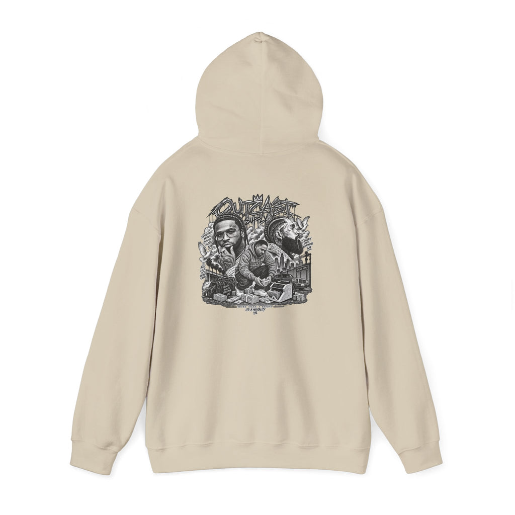 Outcast Supply Graphic Hoodie — Black Streetwear Pullover with Ink-Style Back Illustration
