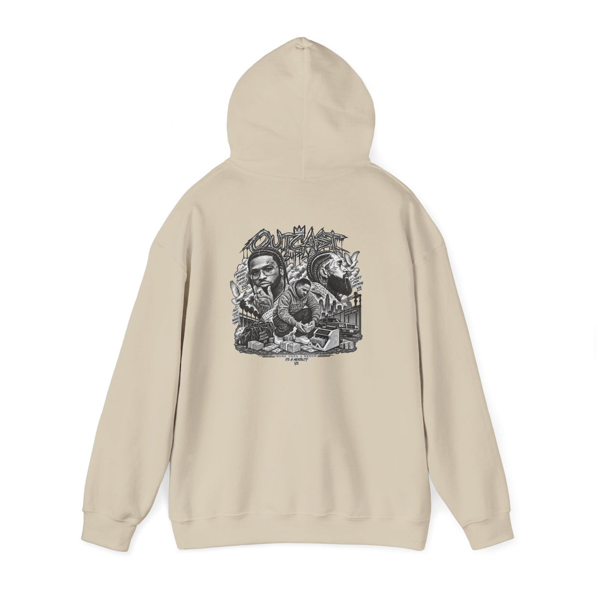 Outcast Supply Graphic Hoodie — Black Streetwear Pullover with Ink-Style Back Illustration