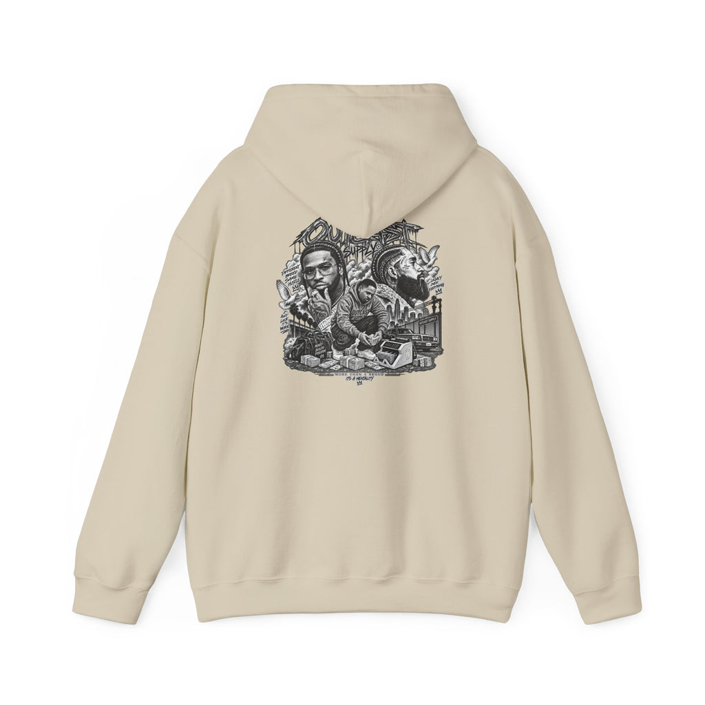 Outcast Supply Graphic Hoodie — Black Streetwear Pullover with Ink-Style Back Illustration