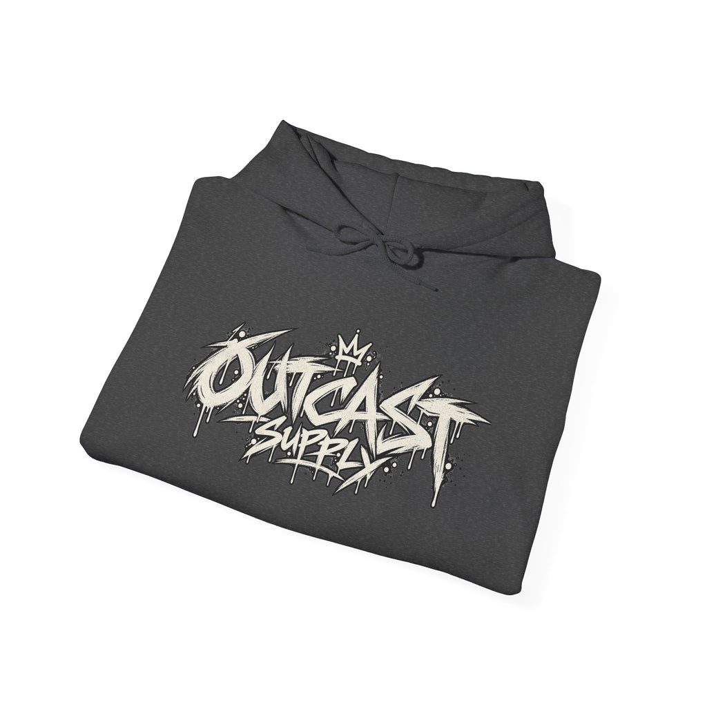 Outcast Supply Graphic Hoodie — Black Streetwear Pullover with Ink-Style Back Illustration