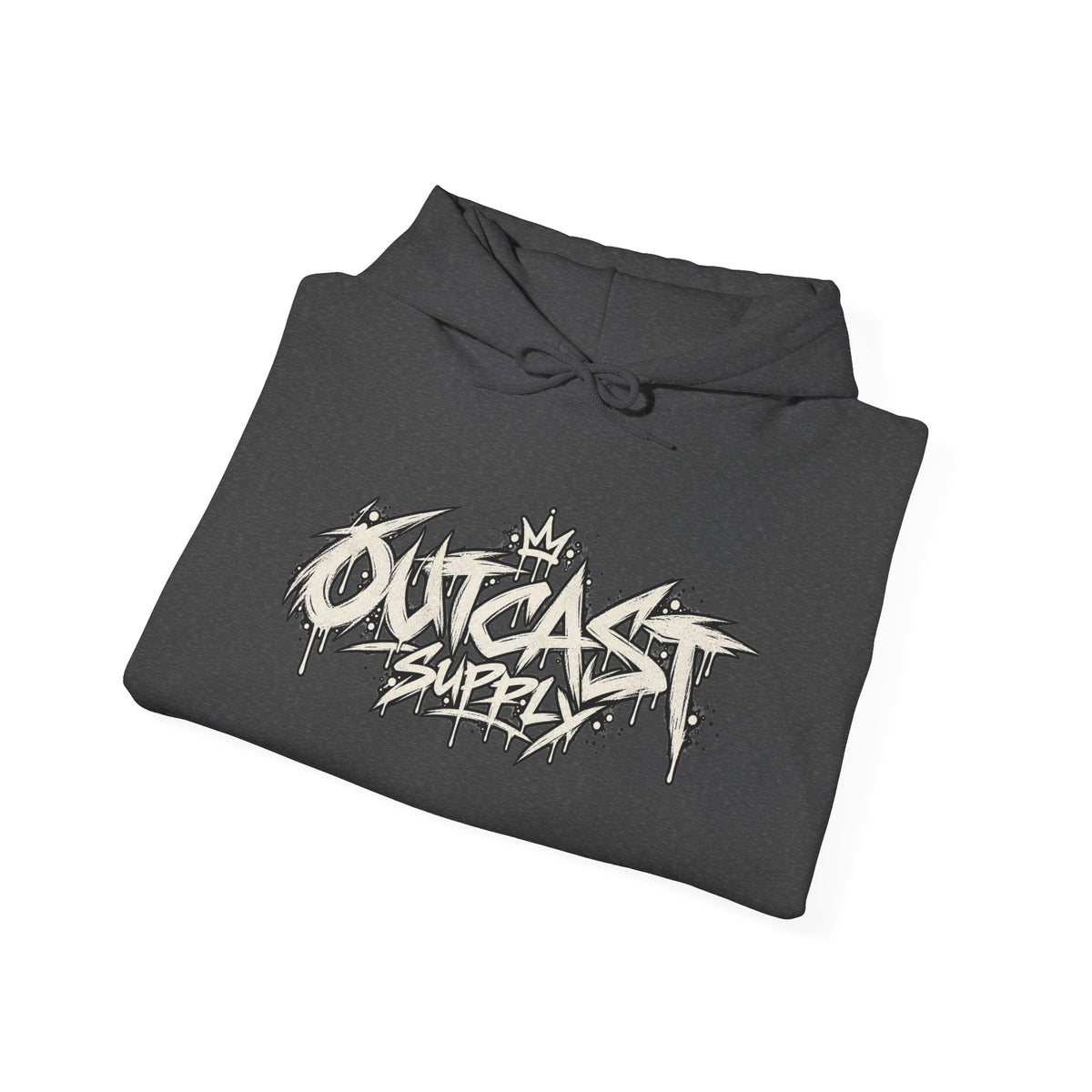 Outcast Supply Graphic Hoodie — Black Streetwear Pullover with Ink-Style Back Illustration