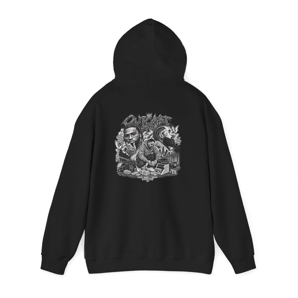 Outcast Supply Graphic Hoodie — Black Streetwear Pullover with Ink-Style Back Illustration