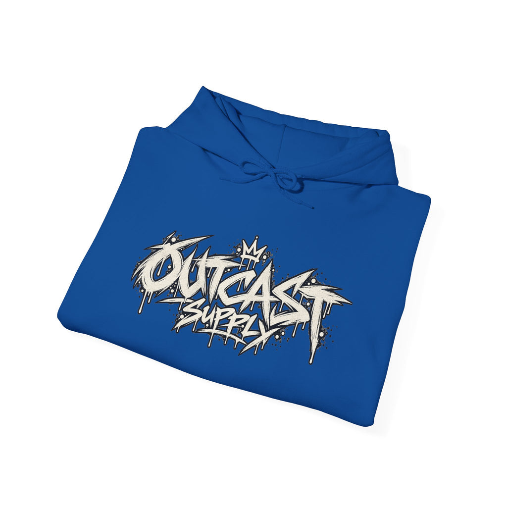 Outcast Supply Graphic Hoodie — Black Streetwear Pullover with Ink-Style Back Illustration