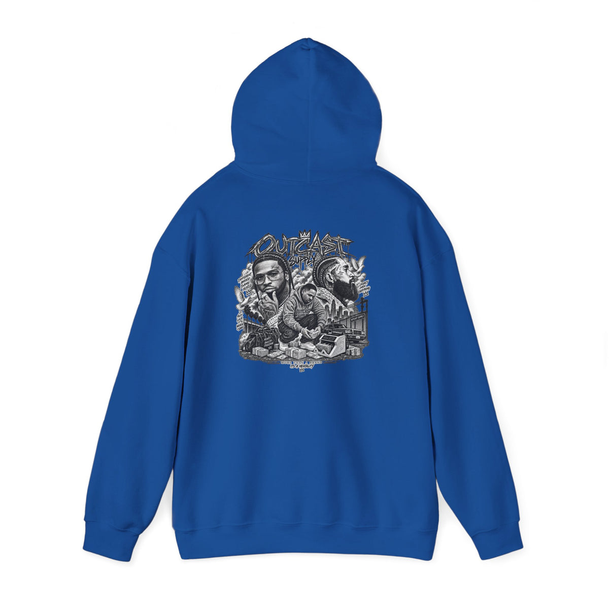 Outcast Supply Graphic Hoodie — Black Streetwear Pullover with Ink-Style Back Illustration