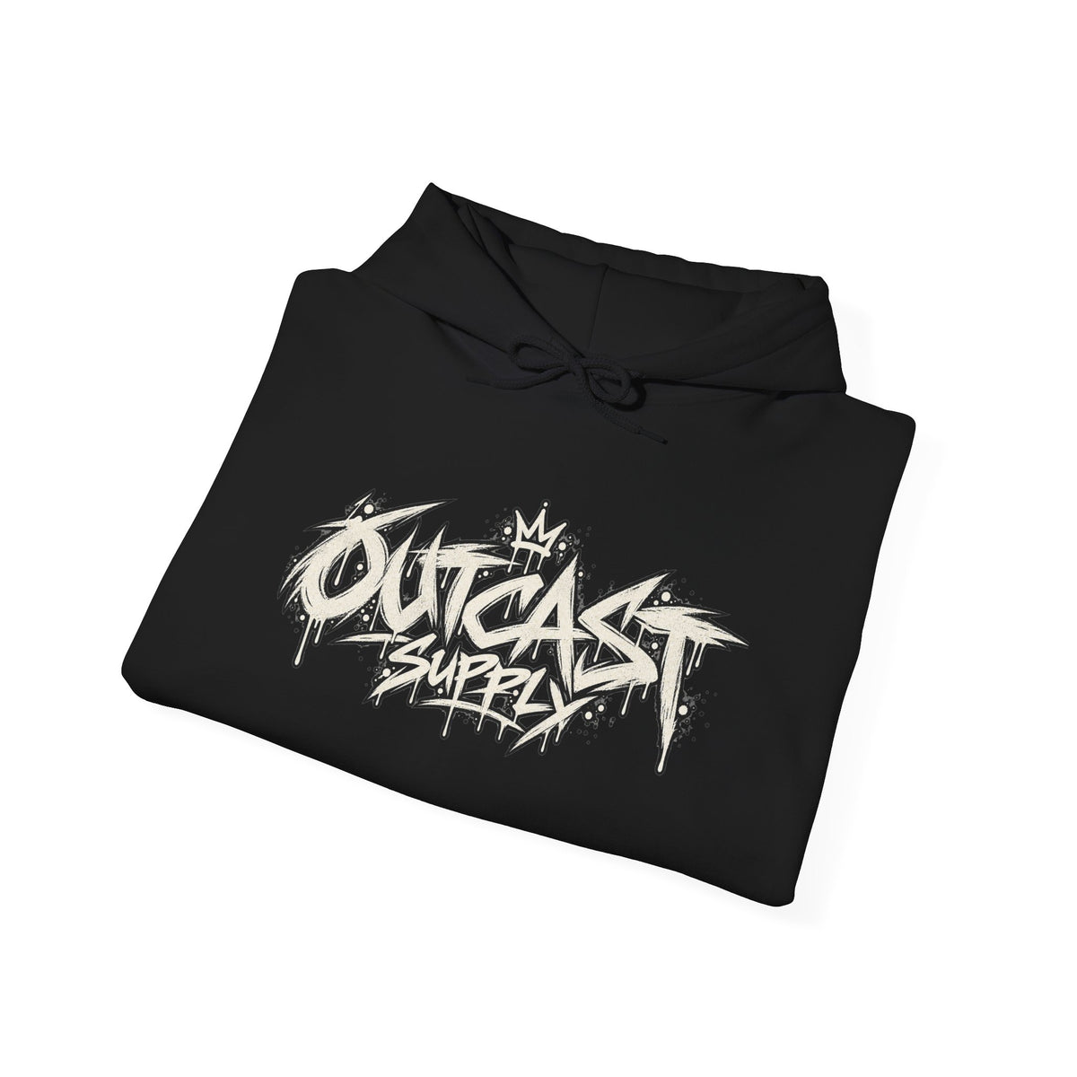 Outcast Supply Graphic Hoodie — Black Streetwear Pullover with Ink-Style Back Illustration