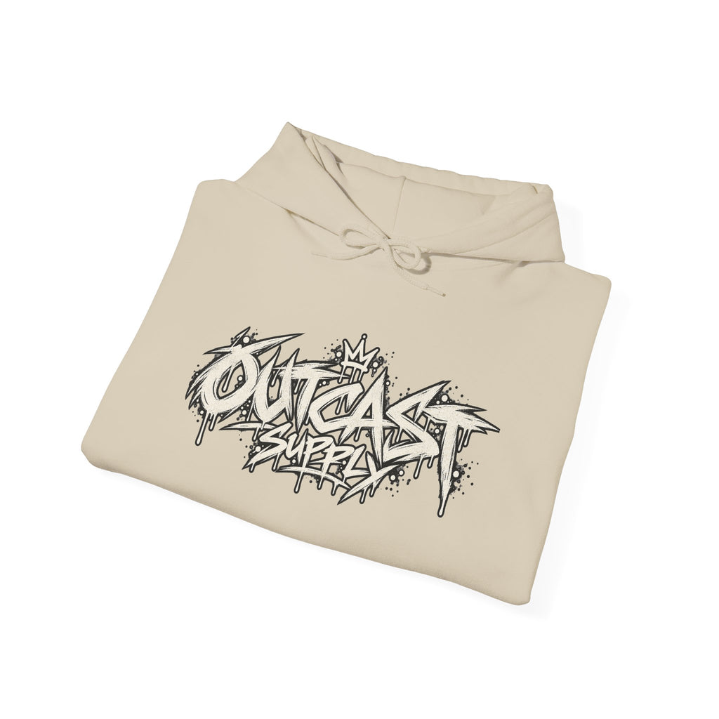 Outcast Supply Graphic Hoodie — Black Streetwear Pullover with Ink-Style Back Illustration