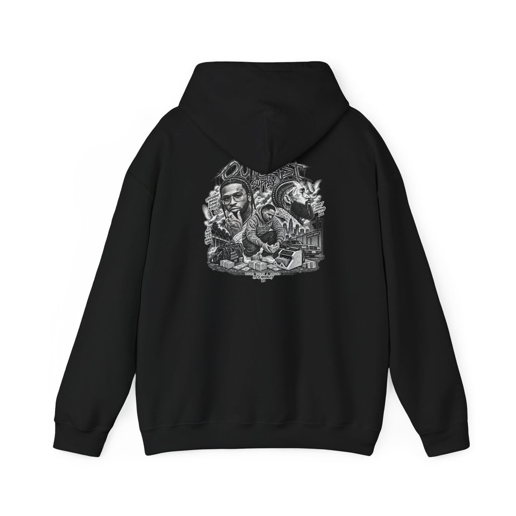 Outcast Supply Graphic Hoodie — Black Streetwear Pullover with Ink-Style Back Illustration