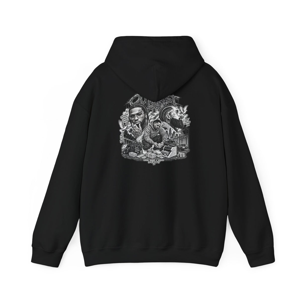 Outcast Supply Graphic Hoodie — Black Streetwear Pullover with Ink-Style Back Illustration