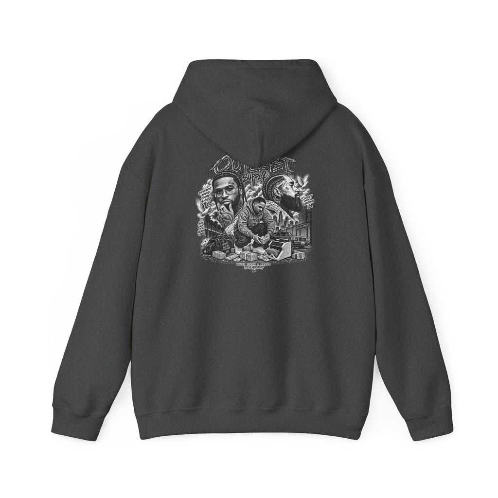 Outcast Supply Graphic Hoodie — Black Streetwear Pullover with Ink-Style Back Illustration