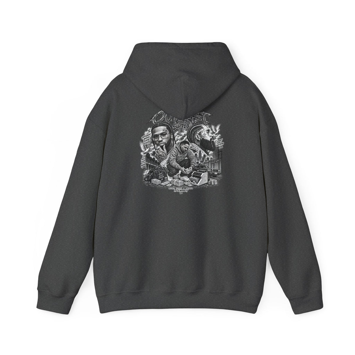 Outcast Supply Graphic Hoodie — Black Streetwear Pullover with Ink-Style Back Illustration